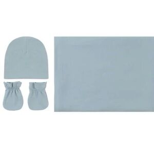 Petit Classics Swaddle Blanket Matching Hat Mittens in Jersey Cotton Dusty Blue